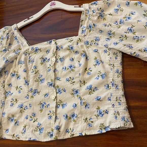 Old Navy Linen Blend Blue and cream Floral Puff Sleeve Blouse XL Tall - Picture 10 of 14